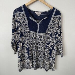 Lucky Brand Womens 2X Artsy Boho V Neck Top Blue 3/4 Sleeve Lace Shirt Flowy
